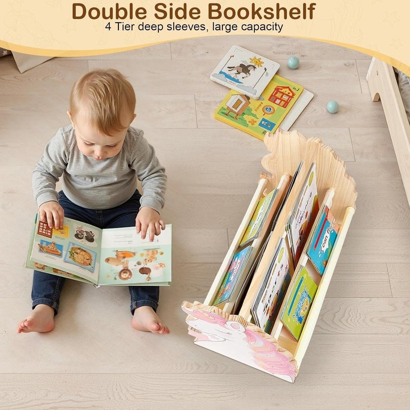 SheSeek Toddler Bookshelf Double-Sided with 4 Tier Deep Sleeves Kids Wooden Montessori Book Rack for Baby Nursery Room, Playroom, Classroom or Bedroom Bookcase Storage Organizer, Pink Unicorn - Image 3